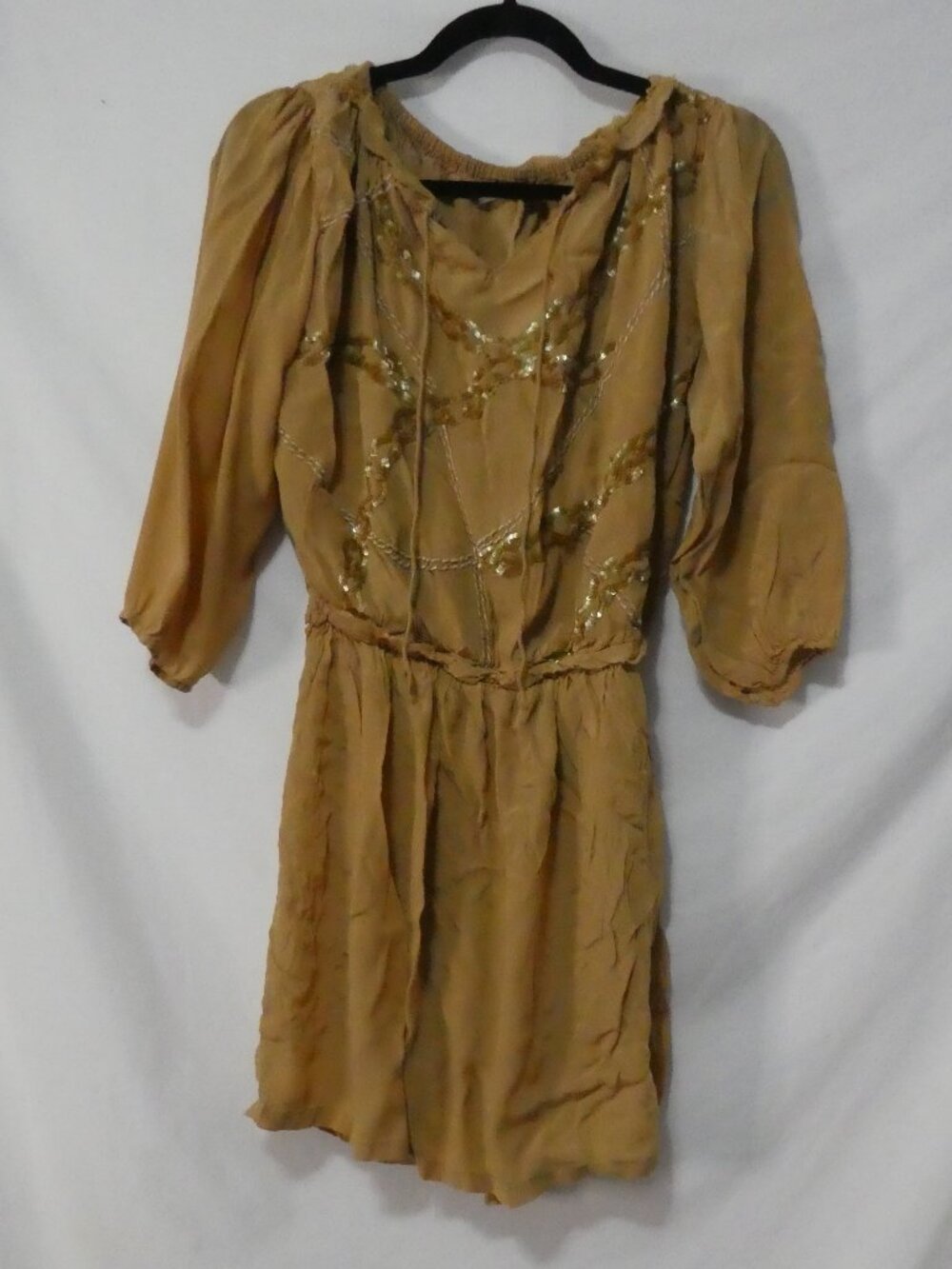 NE QUITTEZ PAS Sequin Embellished Boho Mini Dress Mustard Gold - P2P 19"
